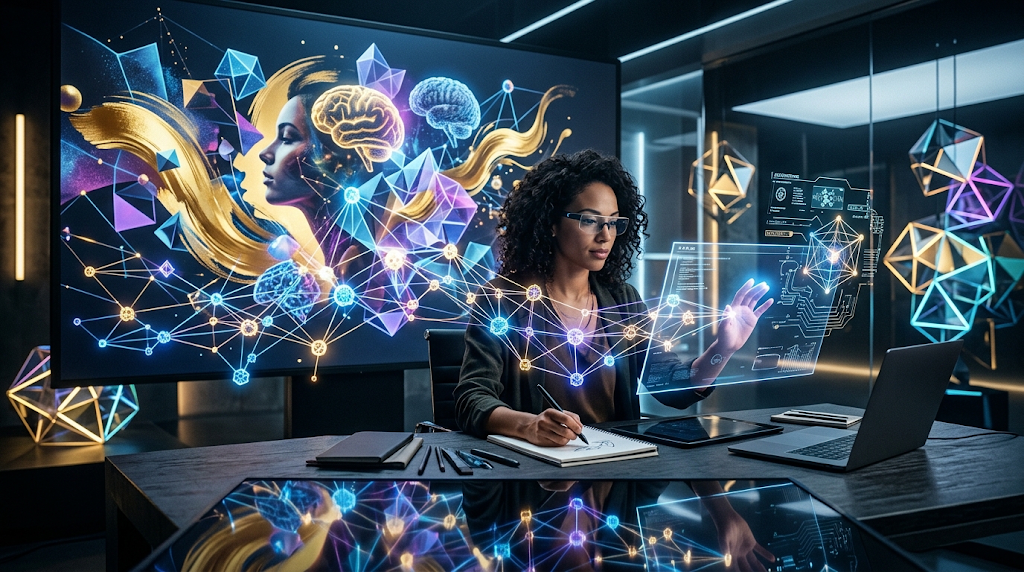 A person at a desk steering a branching network of ideas on a holographic display